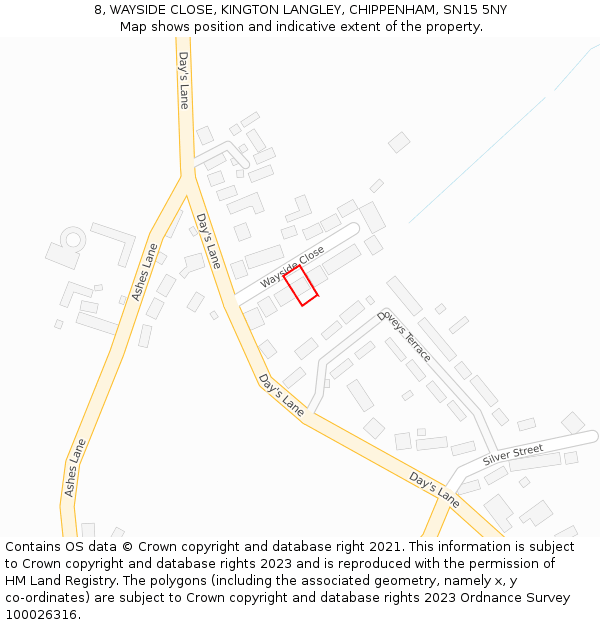 8, WAYSIDE CLOSE, KINGTON LANGLEY, CHIPPENHAM, SN15 5NY: Location map and indicative extent of plot