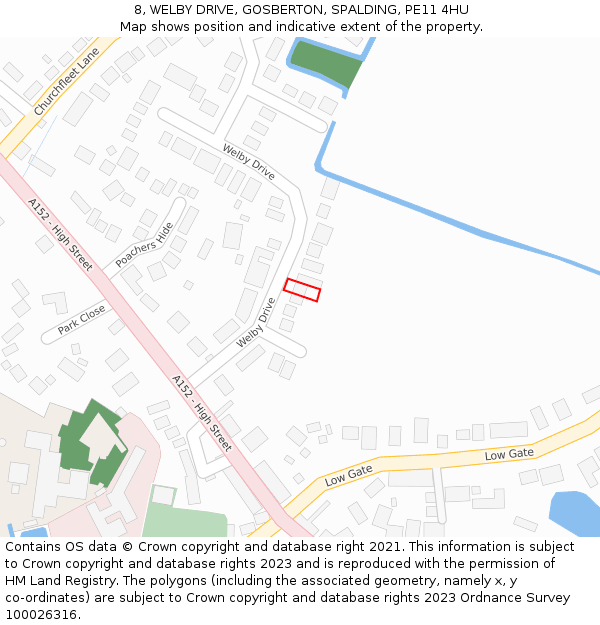 8, WELBY DRIVE, GOSBERTON, SPALDING, PE11 4HU: Location map and indicative extent of plot
