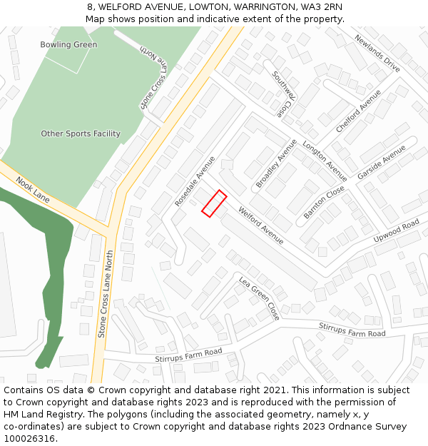 8, WELFORD AVENUE, LOWTON, WARRINGTON, WA3 2RN: Location map and indicative extent of plot