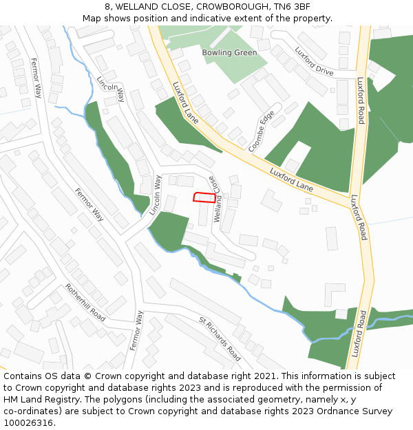 8, WELLAND CLOSE, CROWBOROUGH, TN6 3BF: Location map and indicative extent of plot