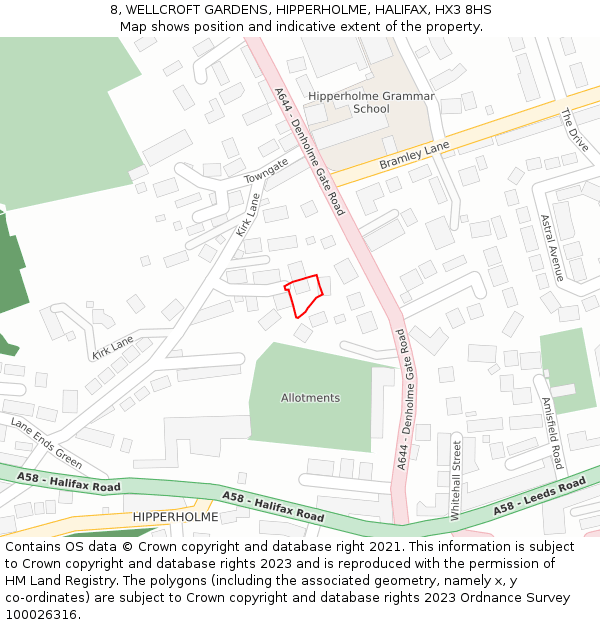 8, WELLCROFT GARDENS, HIPPERHOLME, HALIFAX, HX3 8HS: Location map and indicative extent of plot