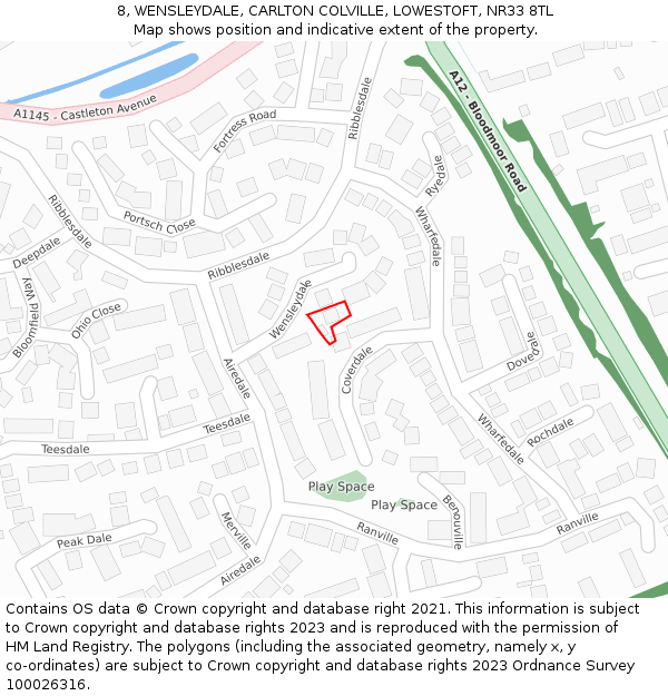 8, WENSLEYDALE, CARLTON COLVILLE, LOWESTOFT, NR33 8TL: Location map and indicative extent of plot