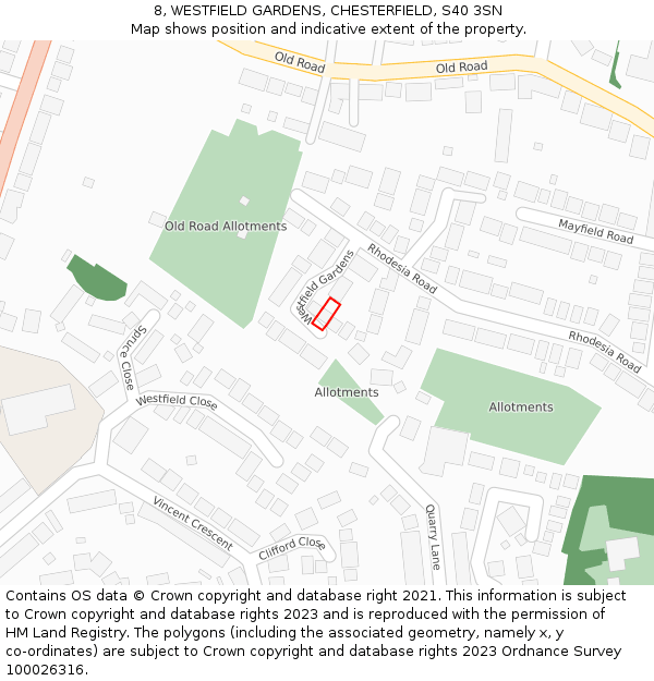 8, WESTFIELD GARDENS, CHESTERFIELD, S40 3SN: Location map and indicative extent of plot