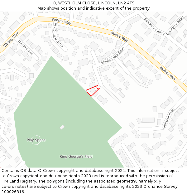8, WESTHOLM CLOSE, LINCOLN, LN2 4TS: Location map and indicative extent of plot