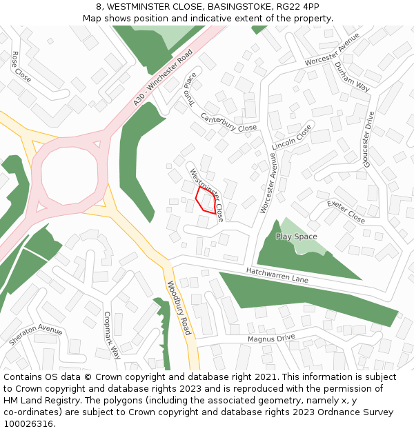 8, WESTMINSTER CLOSE, BASINGSTOKE, RG22 4PP: Location map and indicative extent of plot