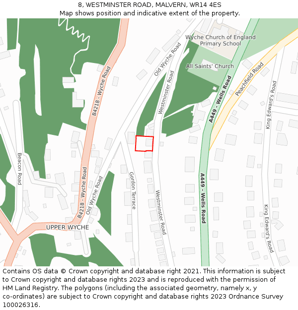 8, WESTMINSTER ROAD, MALVERN, WR14 4ES: Location map and indicative extent of plot