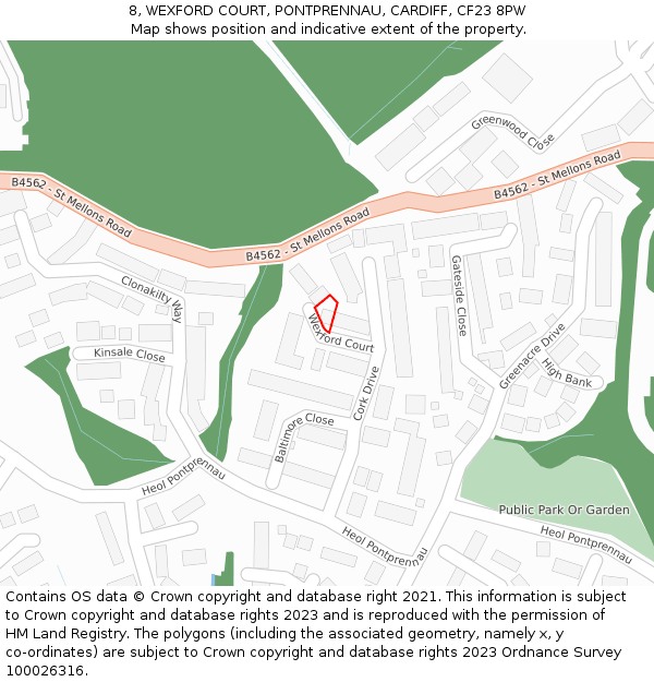 8, WEXFORD COURT, PONTPRENNAU, CARDIFF, CF23 8PW: Location map and indicative extent of plot