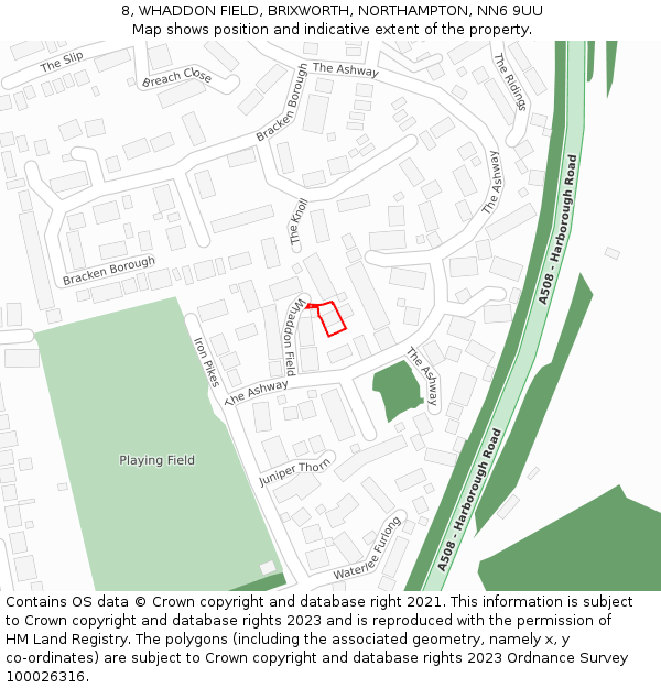 8, WHADDON FIELD, BRIXWORTH, NORTHAMPTON, NN6 9UU: Location map and indicative extent of plot