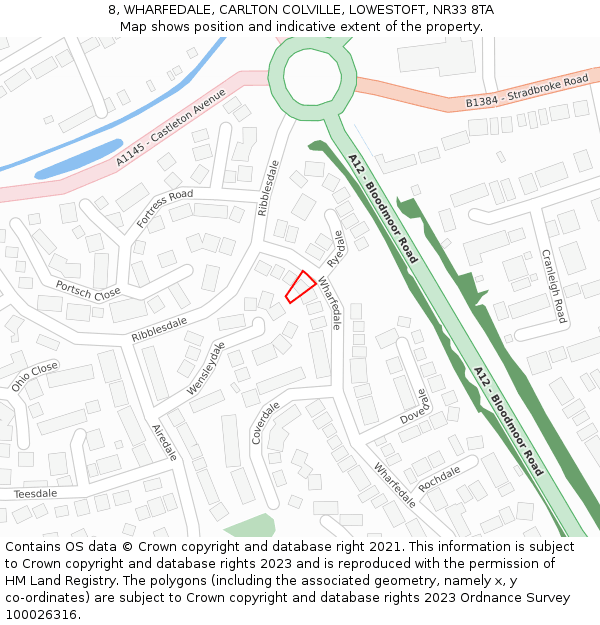 8, WHARFEDALE, CARLTON COLVILLE, LOWESTOFT, NR33 8TA: Location map and indicative extent of plot