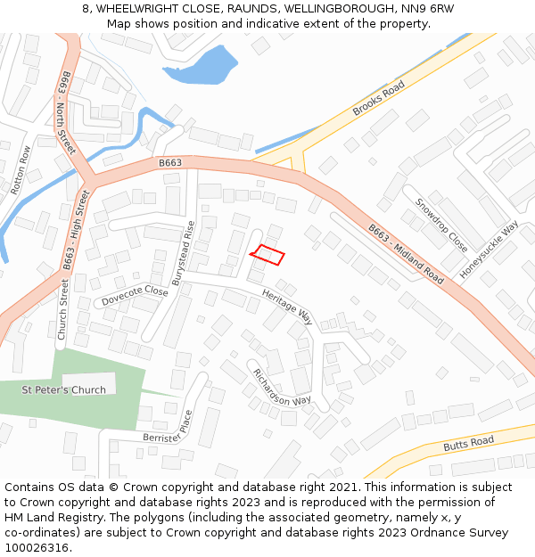 8, WHEELWRIGHT CLOSE, RAUNDS, WELLINGBOROUGH, NN9 6RW: Location map and indicative extent of plot