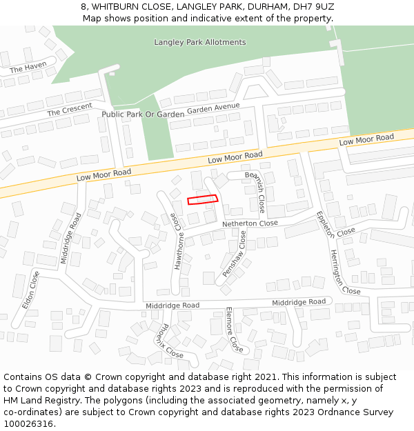 8, WHITBURN CLOSE, LANGLEY PARK, DURHAM, DH7 9UZ: Location map and indicative extent of plot