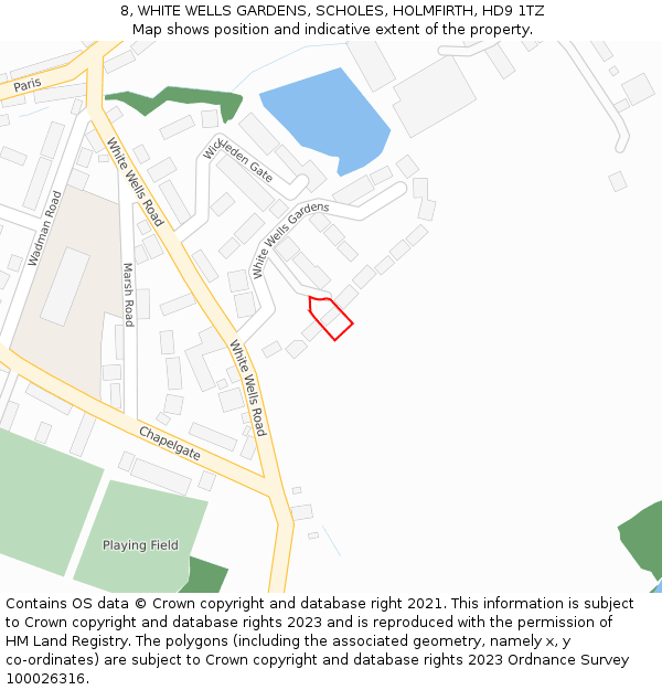 8, WHITE WELLS GARDENS, SCHOLES, HOLMFIRTH, HD9 1TZ: Location map and indicative extent of plot