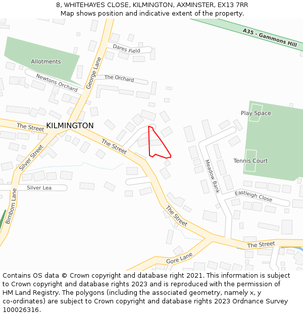 8, WHITEHAYES CLOSE, KILMINGTON, AXMINSTER, EX13 7RR: Location map and indicative extent of plot