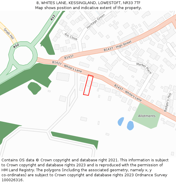 8, WHITES LANE, KESSINGLAND, LOWESTOFT, NR33 7TF: Location map and indicative extent of plot