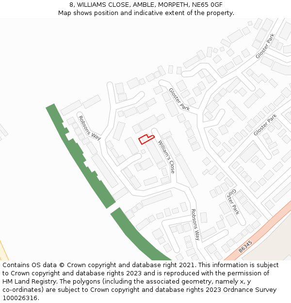 8, WILLIAMS CLOSE, AMBLE, MORPETH, NE65 0GF: Location map and indicative extent of plot