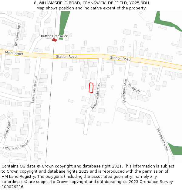 8, WILLIAMSFIELD ROAD, CRANSWICK, DRIFFIELD, YO25 9BH: Location map and indicative extent of plot