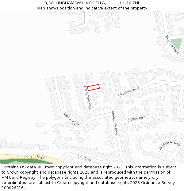 8, WILLINGHAM WAY, KIRK ELLA, HULL, HU10 7NL: Location map and indicative extent of plot
