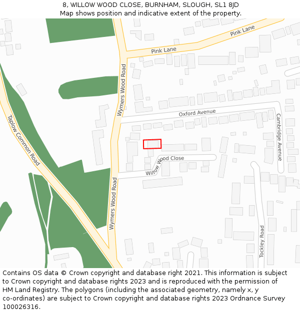 8, WILLOW WOOD CLOSE, BURNHAM, SLOUGH, SL1 8JD: Location map and indicative extent of plot