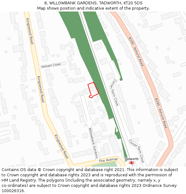 8, WILLOWBANK GARDENS, TADWORTH, KT20 5DS: Location map and indicative extent of plot