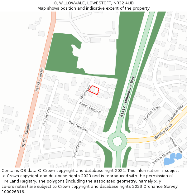 8, WILLOWVALE, LOWESTOFT, NR32 4UB: Location map and indicative extent of plot