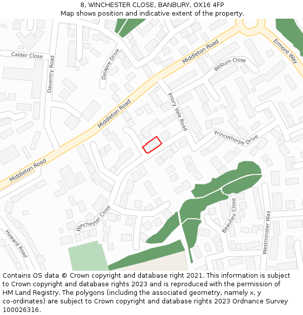8, WINCHESTER CLOSE, BANBURY, OX16 4FP: Location map and indicative extent of plot