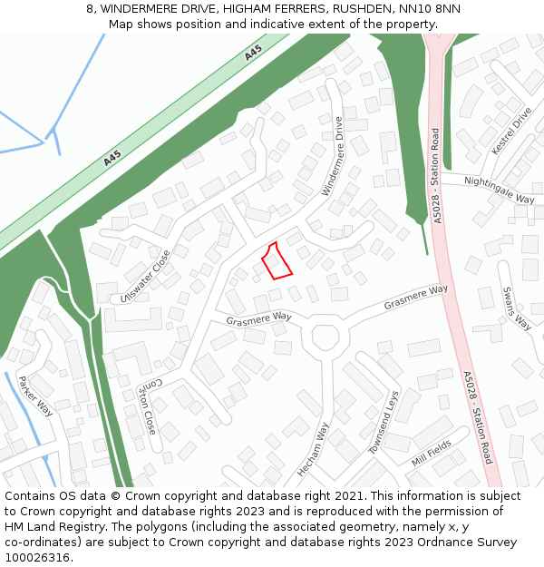 8, WINDERMERE DRIVE, HIGHAM FERRERS, RUSHDEN, NN10 8NN: Location map and indicative extent of plot
