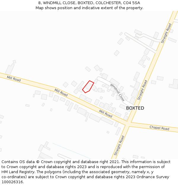 8, WINDMILL CLOSE, BOXTED, COLCHESTER, CO4 5SA: Location map and indicative extent of plot