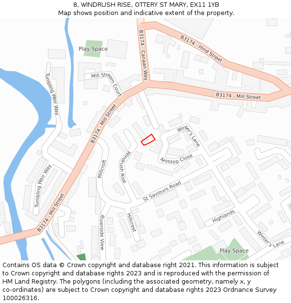 8, WINDRUSH RISE, OTTERY ST MARY, EX11 1YB: Location map and indicative extent of plot