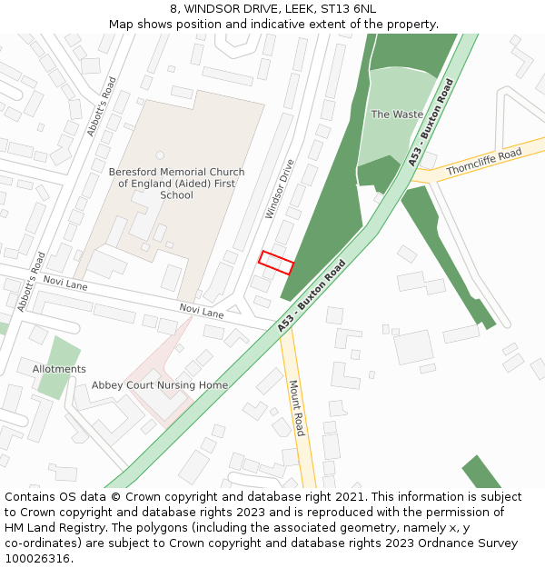 8, WINDSOR DRIVE, LEEK, ST13 6NL: Location map and indicative extent of plot