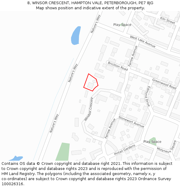 8, WINSOR CRESCENT, HAMPTON VALE, PETERBOROUGH, PE7 8JG: Location map and indicative extent of plot