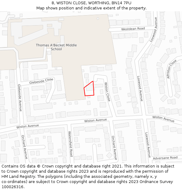 8, WISTON CLOSE, WORTHING, BN14 7PU: Location map and indicative extent of plot