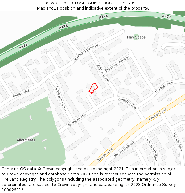 8, WOODALE CLOSE, GUISBOROUGH, TS14 6GE: Location map and indicative extent of plot