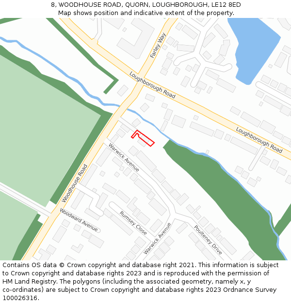 8, WOODHOUSE ROAD, QUORN, LOUGHBOROUGH, LE12 8ED: Location map and indicative extent of plot
