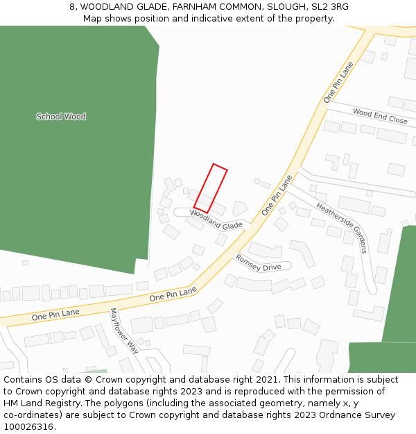 8, WOODLAND GLADE, FARNHAM COMMON, SLOUGH, SL2 3RG: Location map and indicative extent of plot