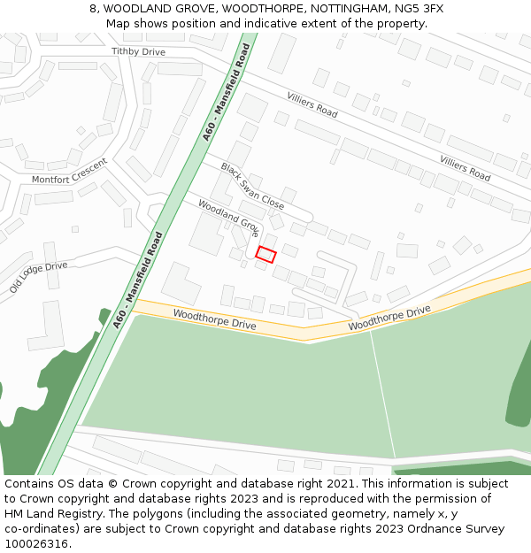 8, WOODLAND GROVE, WOODTHORPE, NOTTINGHAM, NG5 3FX: Location map and indicative extent of plot