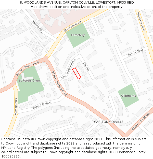 8, WOODLANDS AVENUE, CARLTON COLVILLE, LOWESTOFT, NR33 8BD: Location map and indicative extent of plot
