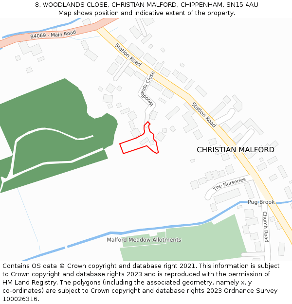 8, WOODLANDS CLOSE, CHRISTIAN MALFORD, CHIPPENHAM, SN15 4AU: Location map and indicative extent of plot