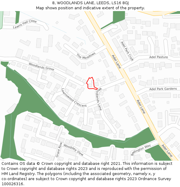 8, WOODLANDS LANE, LEEDS, LS16 8GJ: Location map and indicative extent of plot