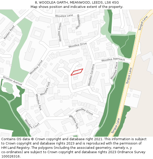 8, WOODLEA GARTH, MEANWOOD, LEEDS, LS6 4SG: Location map and indicative extent of plot