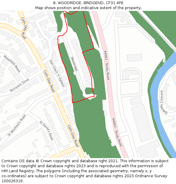 8, WOODRIDGE, BRIDGEND, CF31 4PE: Location map and indicative extent of plot