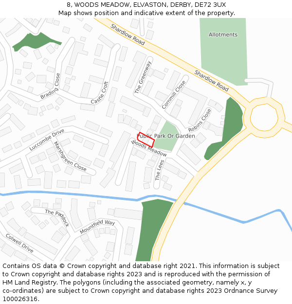 8, WOODS MEADOW, ELVASTON, DERBY, DE72 3UX: Location map and indicative extent of plot