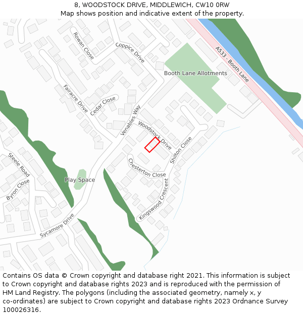 8, WOODSTOCK DRIVE, MIDDLEWICH, CW10 0RW: Location map and indicative extent of plot