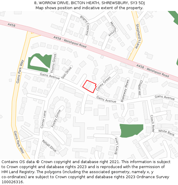 8, WORROW DRIVE, BICTON HEATH, SHREWSBURY, SY3 5DJ: Location map and indicative extent of plot