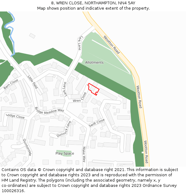 8, WREN CLOSE, NORTHAMPTON, NN4 5AY: Location map and indicative extent of plot