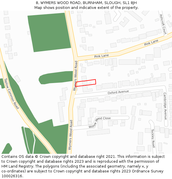 8, WYMERS WOOD ROAD, BURNHAM, SLOUGH, SL1 8JH: Location map and indicative extent of plot