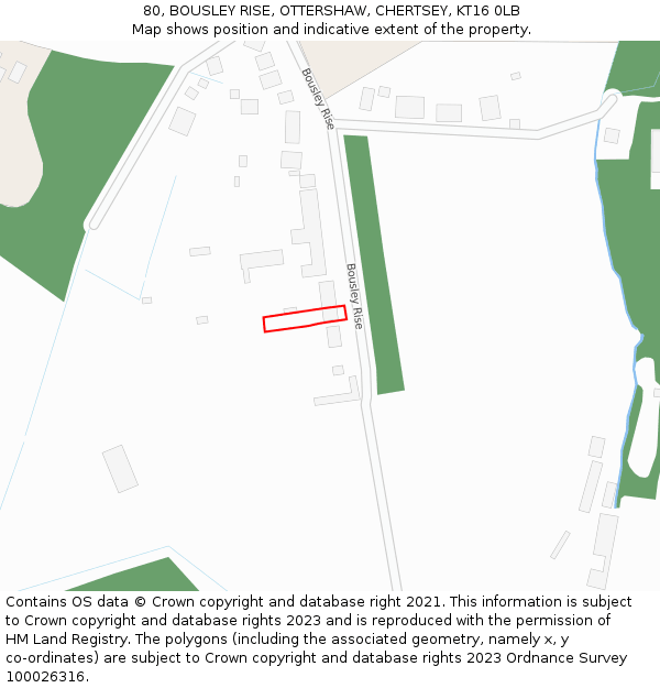 80, BOUSLEY RISE, OTTERSHAW, CHERTSEY, KT16 0LB: Location map and indicative extent of plot