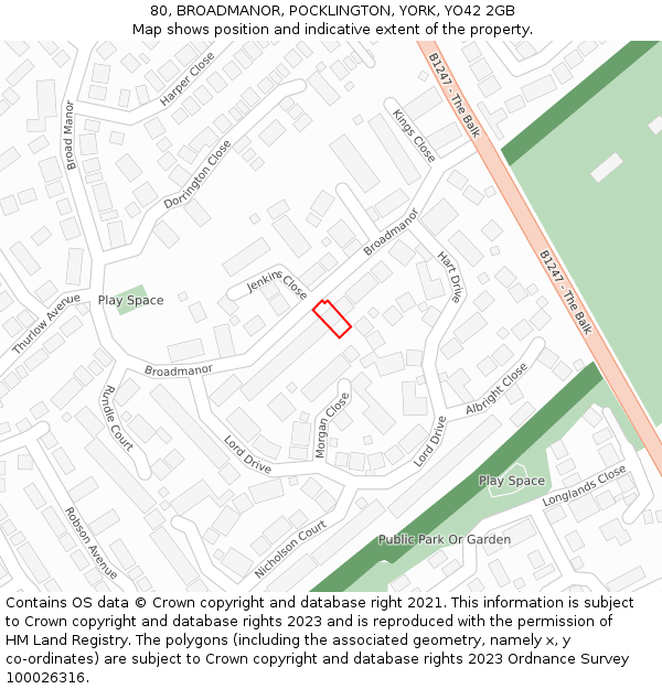 80, BROADMANOR, POCKLINGTON, YORK, YO42 2GB: Location map and indicative extent of plot