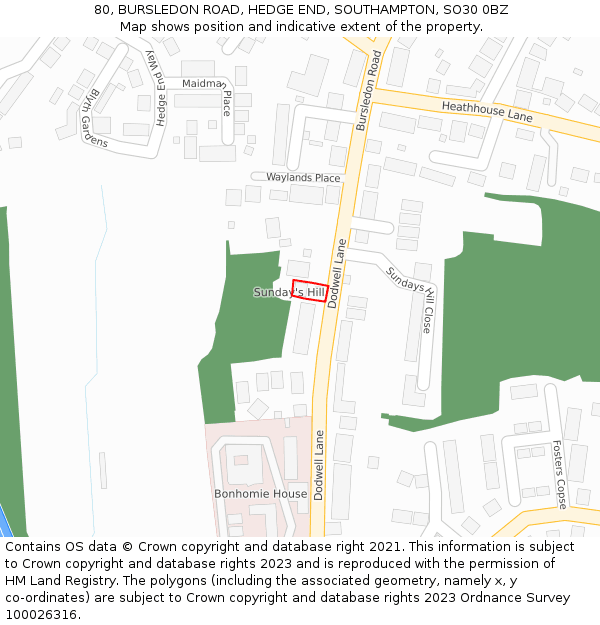 80, BURSLEDON ROAD, HEDGE END, SOUTHAMPTON, SO30 0BZ: Location map and indicative extent of plot