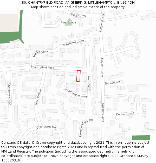 80, CHANTRYFIELD ROAD, ANGMERING, LITTLEHAMPTON, BN16 4DH: Location map and indicative extent of plot