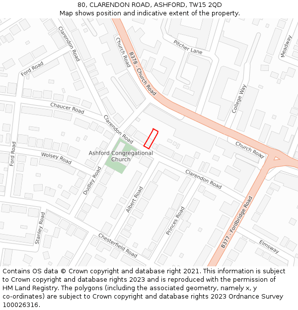 80, CLARENDON ROAD, ASHFORD, TW15 2QD: Location map and indicative extent of plot